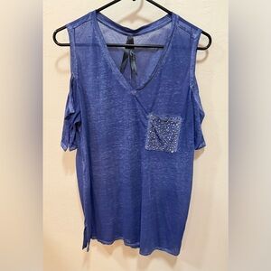 Women’s Seven 7 Sheer Blue Cold Shoulder Top  with Bling Front Pocket Sz M